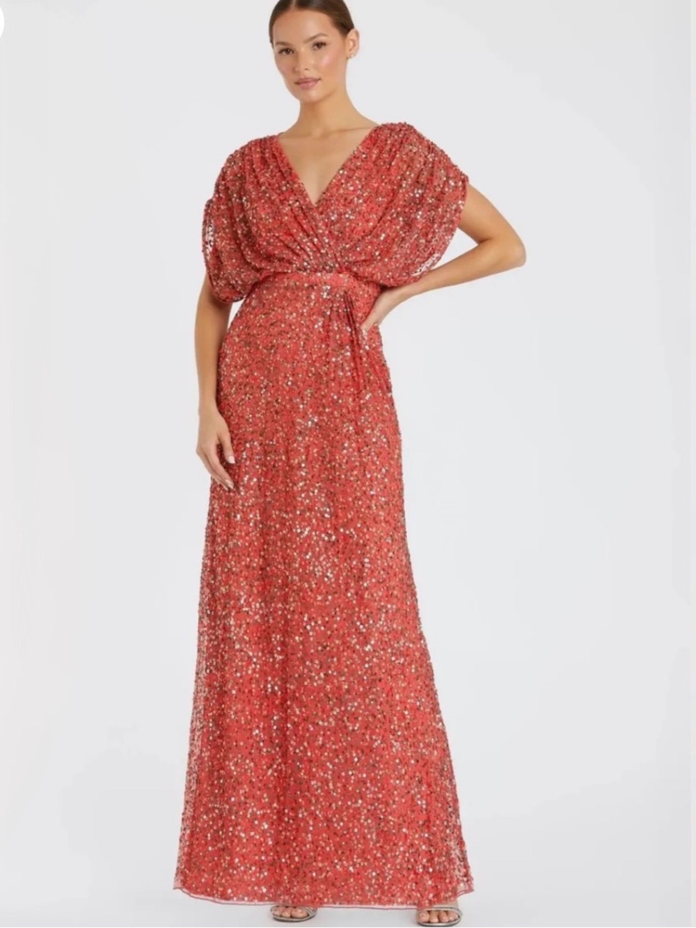 Elegant Sequin Coral V-Neck Evening Gown